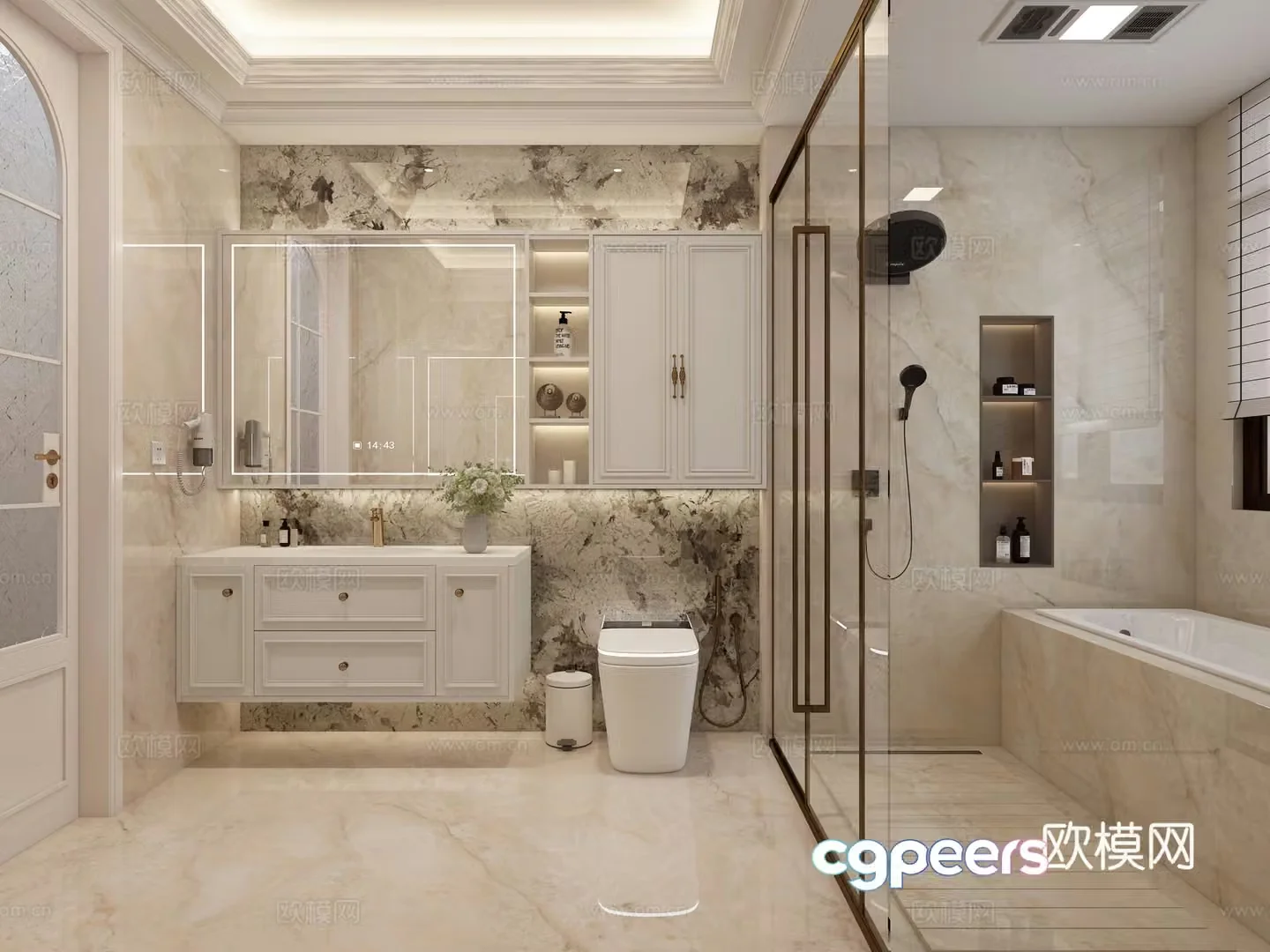 French bathroom bathroom cabinet smart toilet concealed shower embedded bathtub 3D model