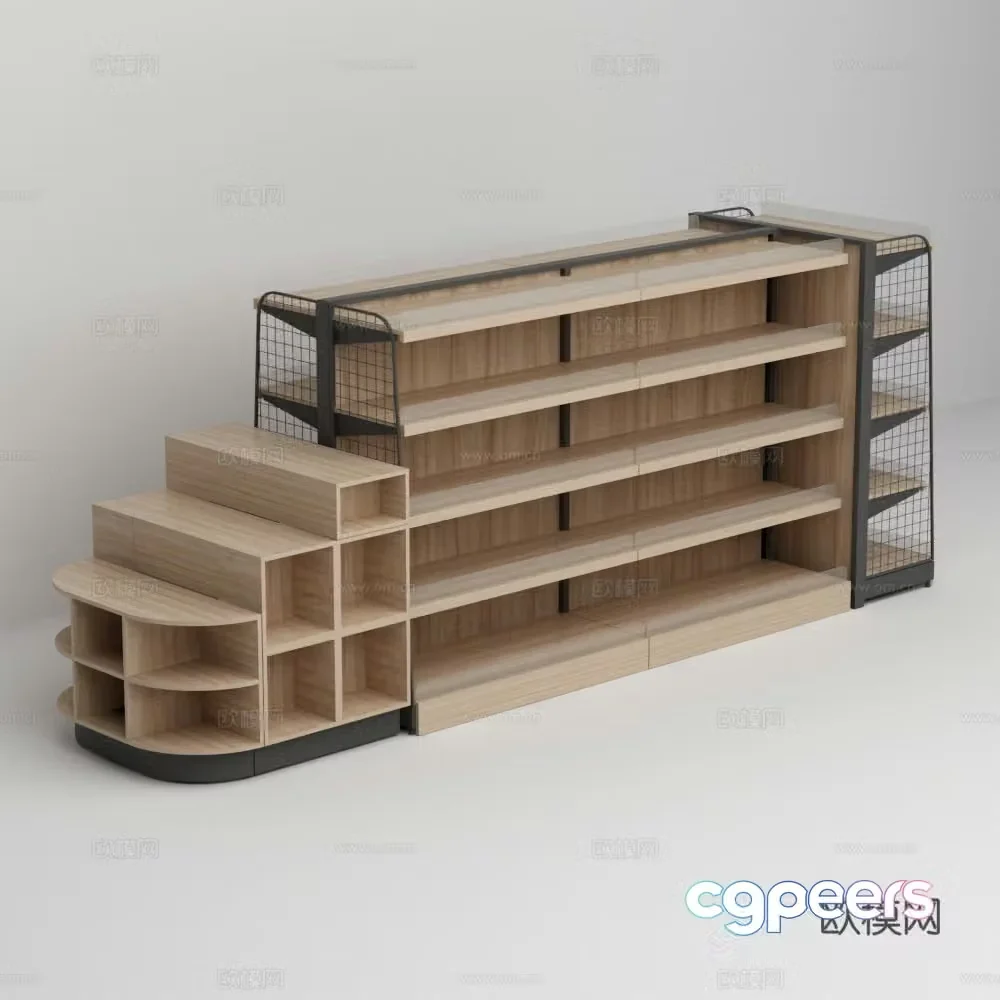 Supermarket convenience store steel and wood structure shelf display rack 3D model