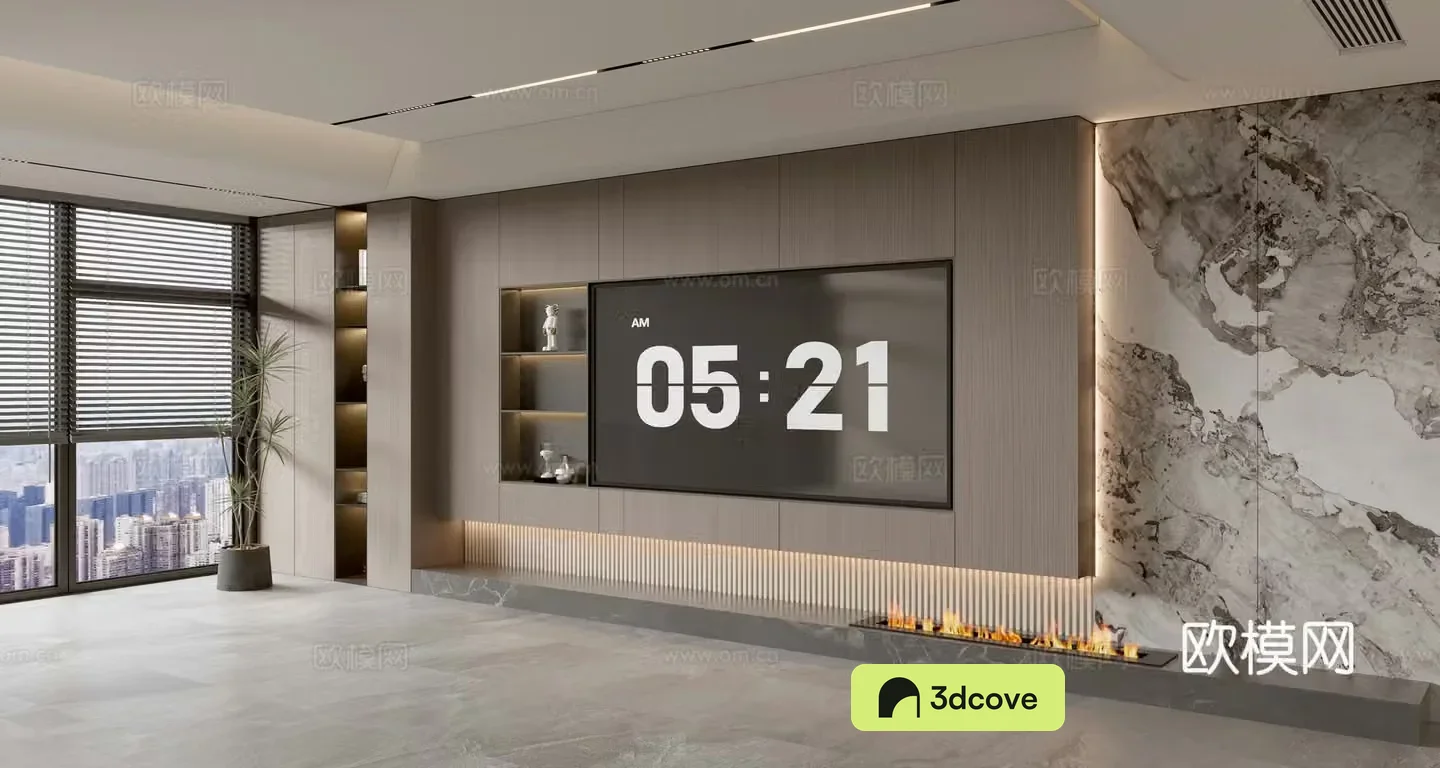 Modern Italian living room light luxury TV background wall full wall TV cabinet marble background wall
