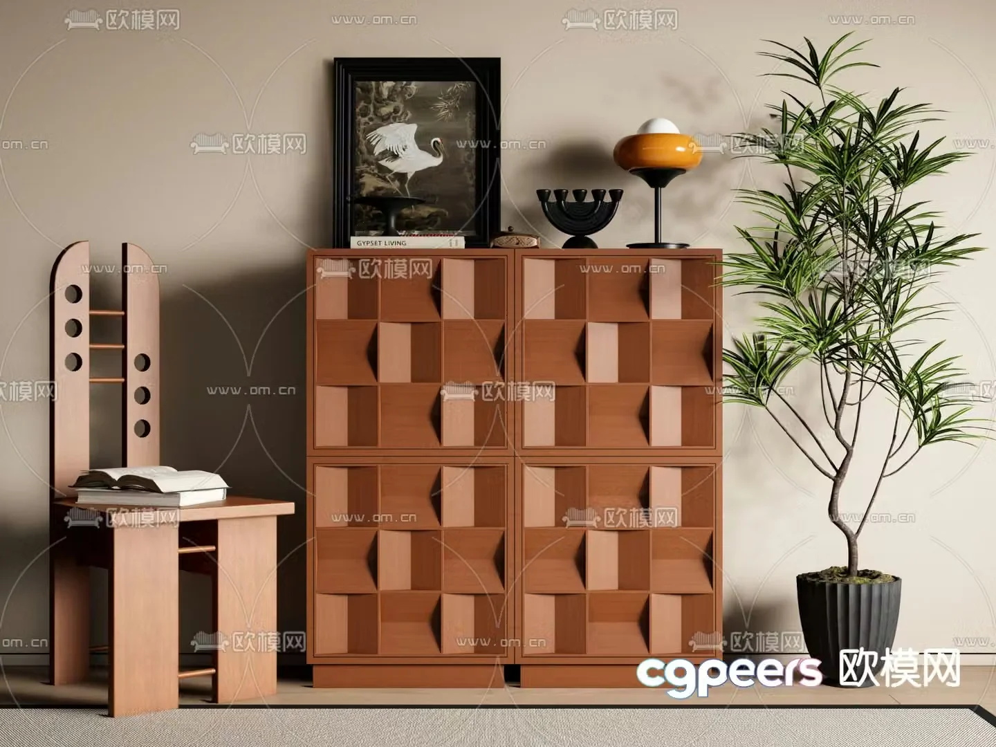 Middle-aged style chest of drawers side cabinet 3D model
