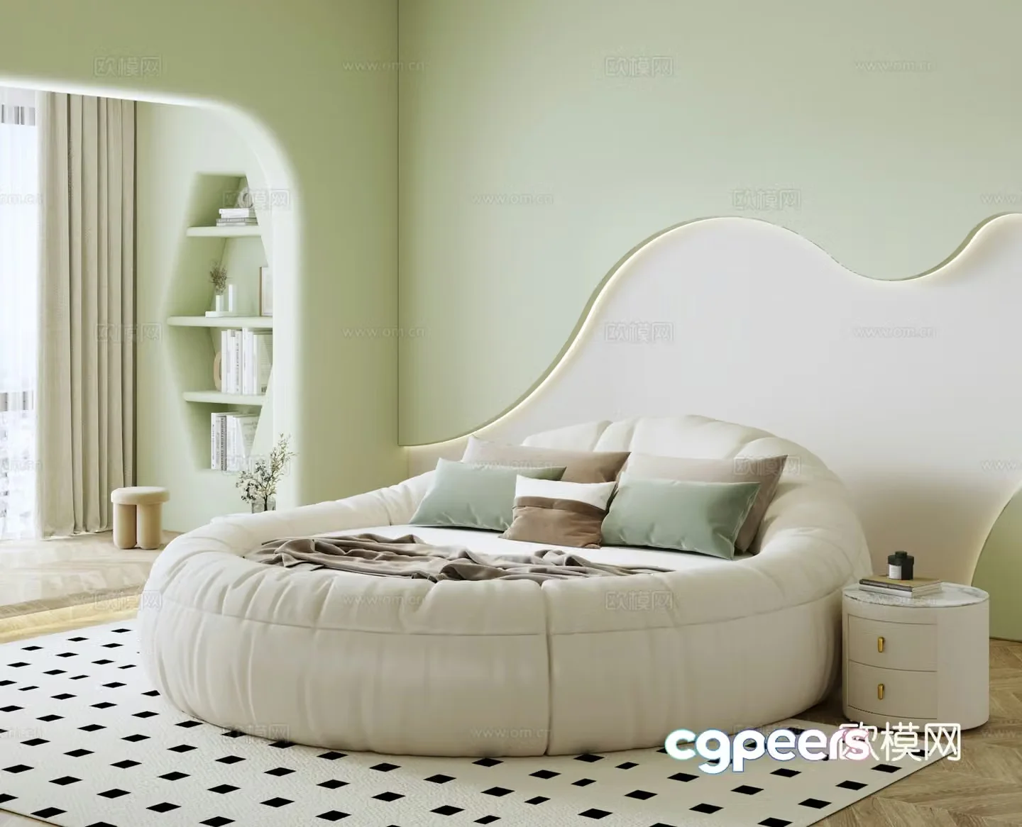 Modern cream big round bed Hotel apartment round bed Couple round bed Bed nightstand Double bed 3D model