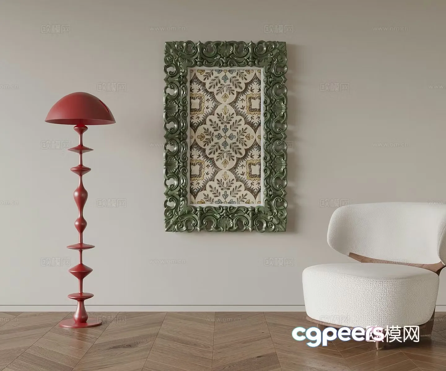 Retro style single sofa casual sofa floor lamp decorative painting 3D model