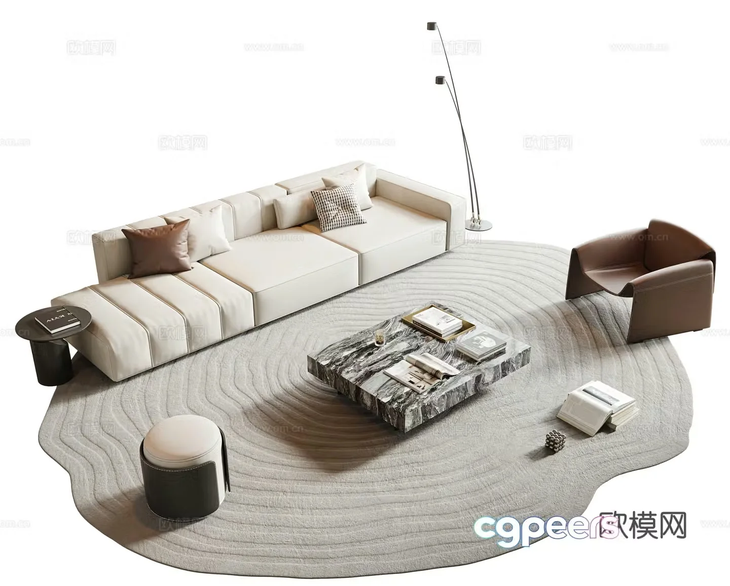 Italian minimalist sofa coffee table combination beige sofa multi-person sofa leather sofa combination sofa 3D model
