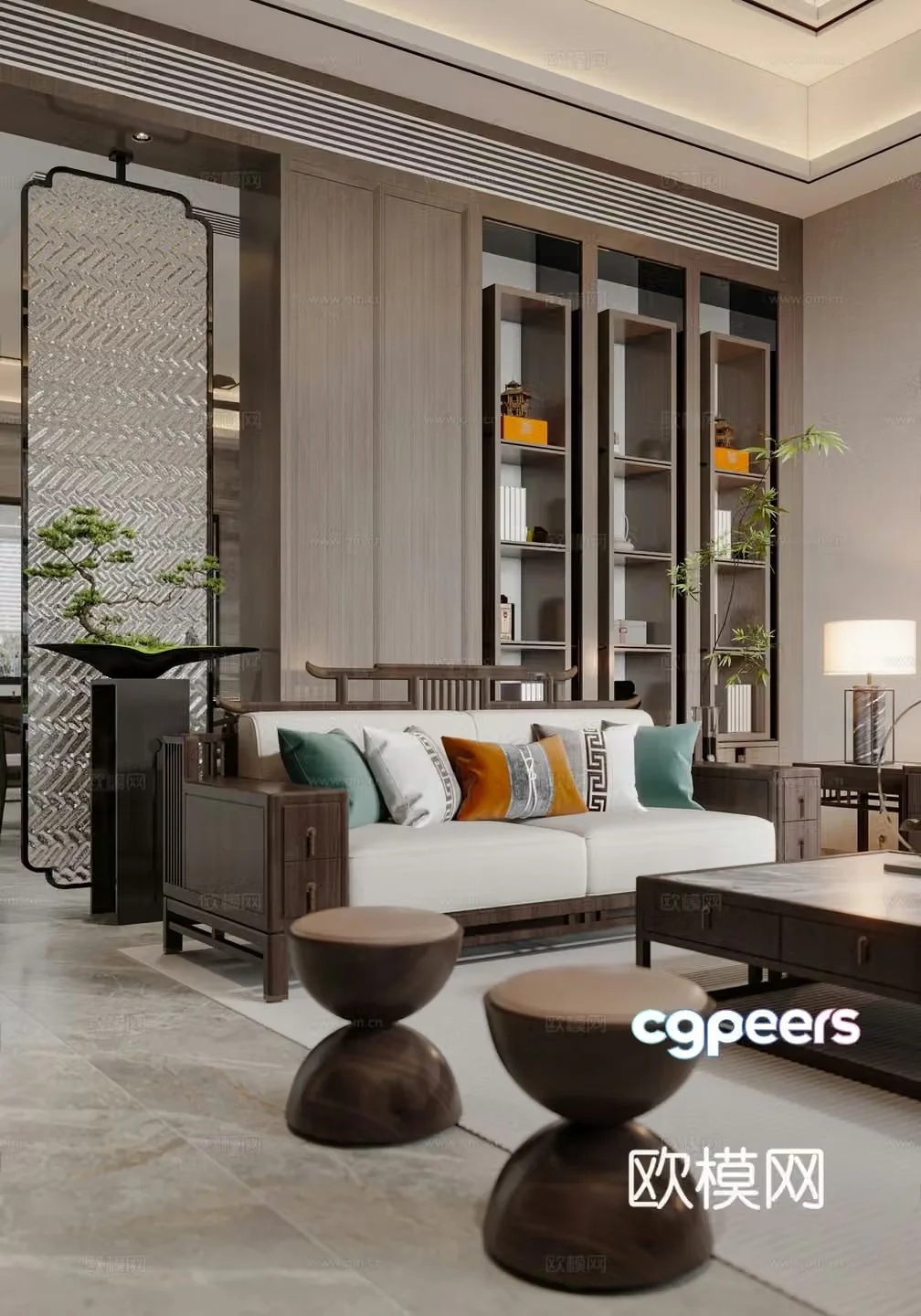 New Chinese style home living room sofa coffee table combination TV background wall sofa background wall end view platform 3D model