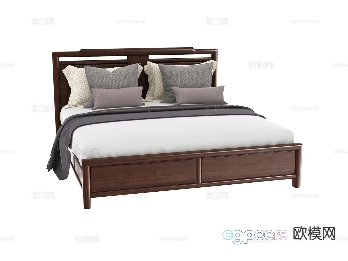 New Chinese style double bed walnut bed 3d model
