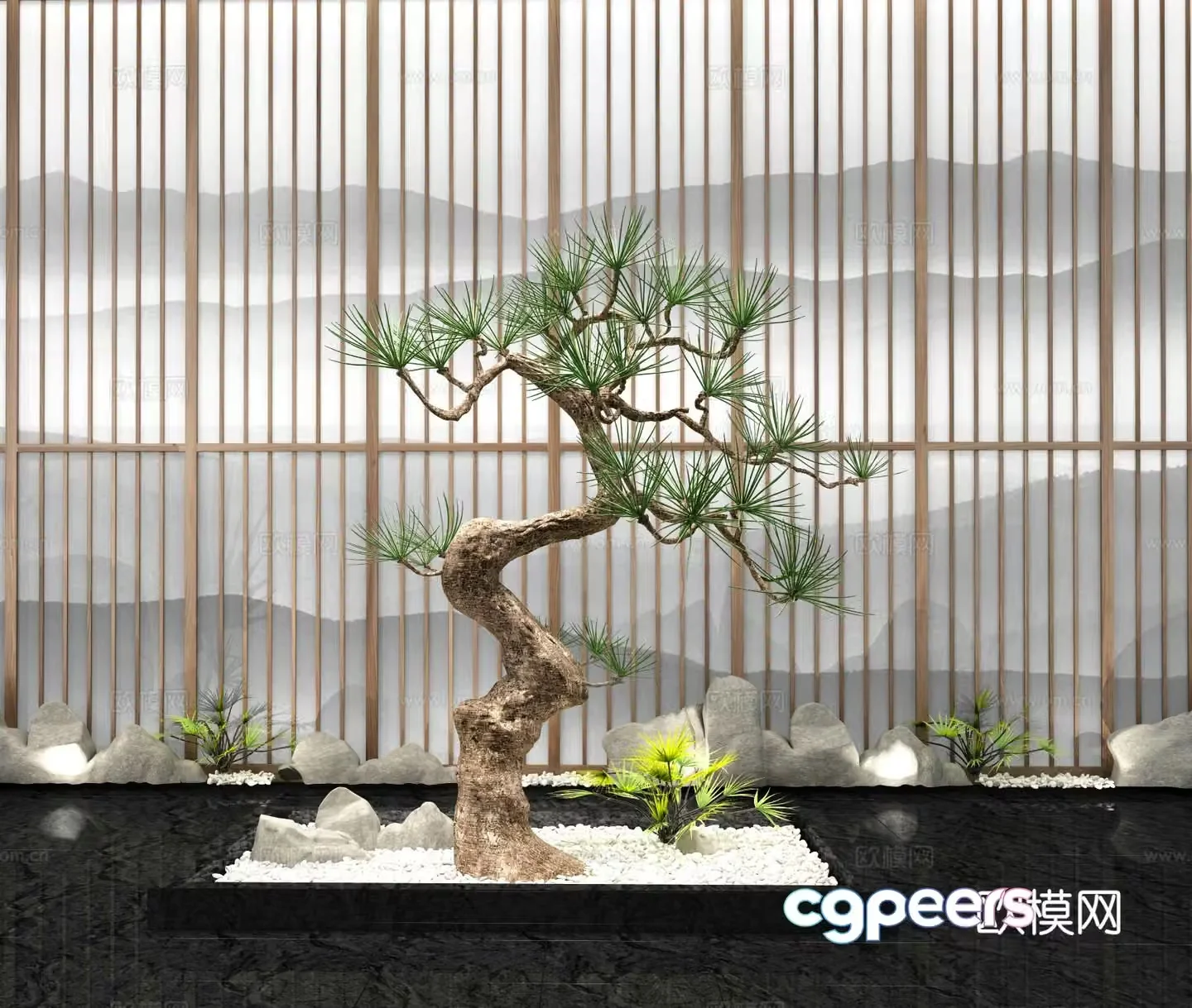 New Chinese style courtyard pine tree landscaping 3D model