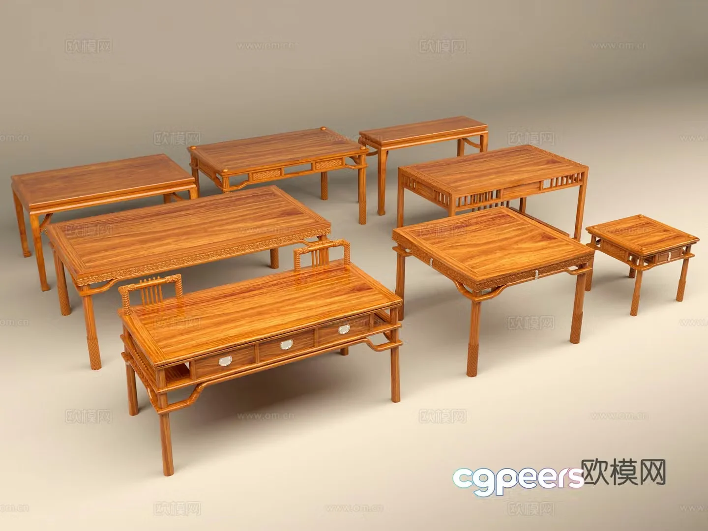Table Wooden Table Carving Cloud Pattern 3d Model