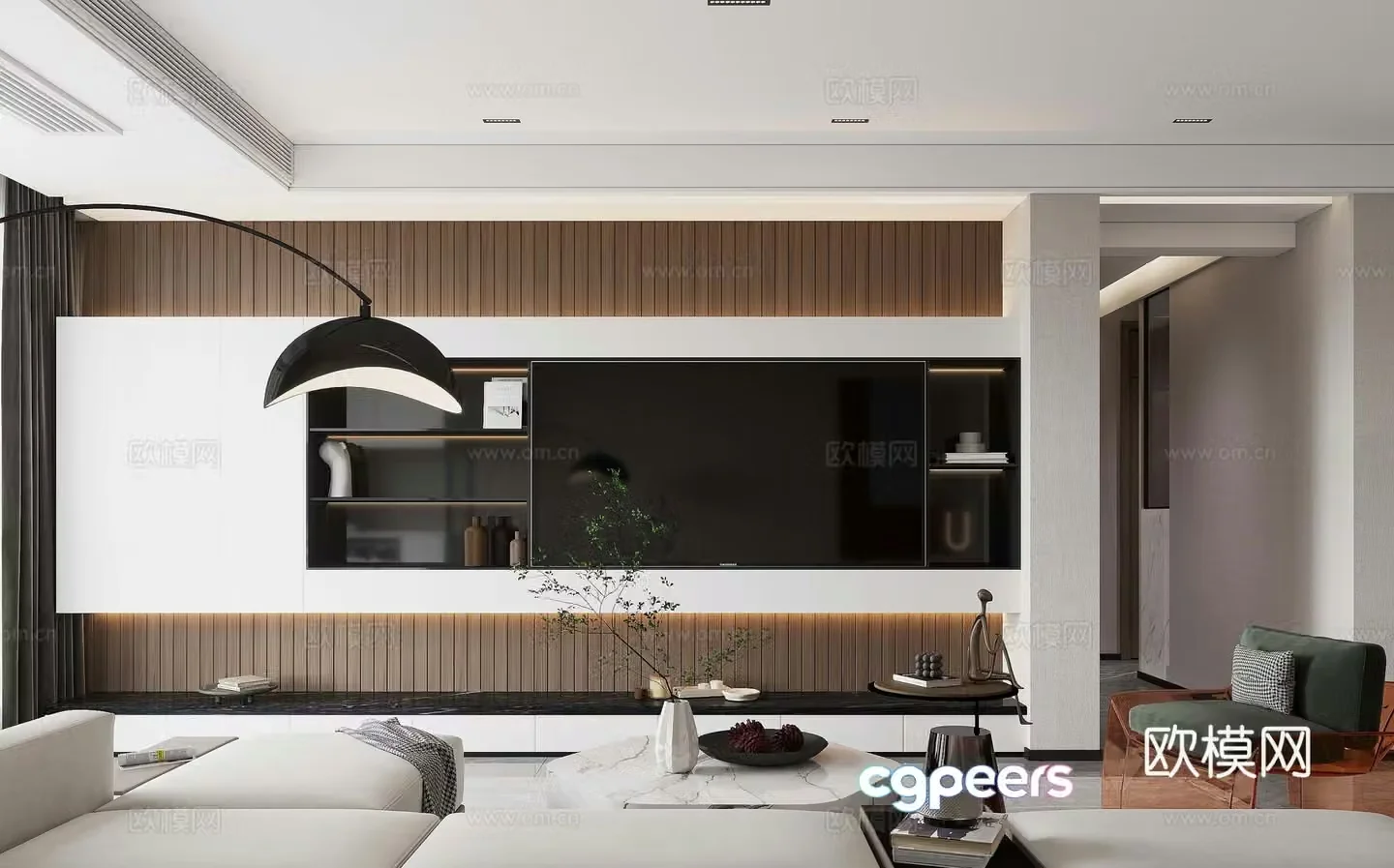 Modern living room TV background wall leisure chair modern living room simple TV cabinet ornament 3d model