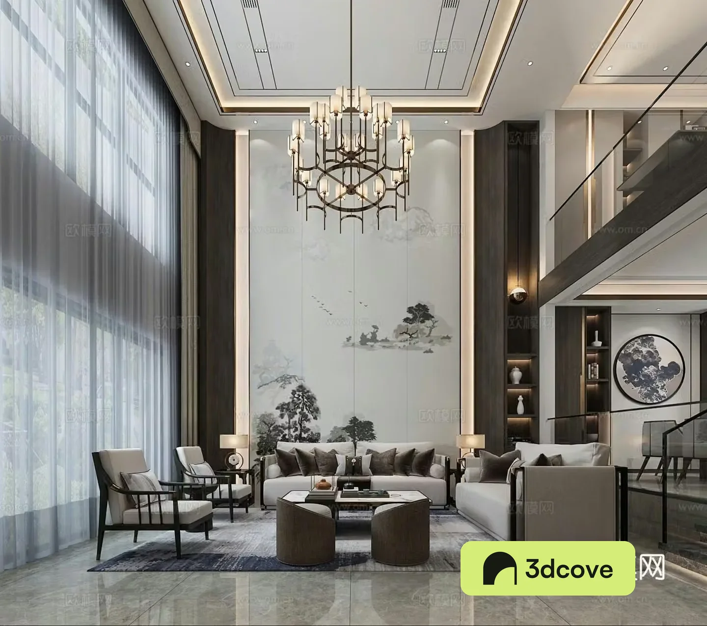 New Chinese style living and dining combination sofa dining table and chair chandeliers mural