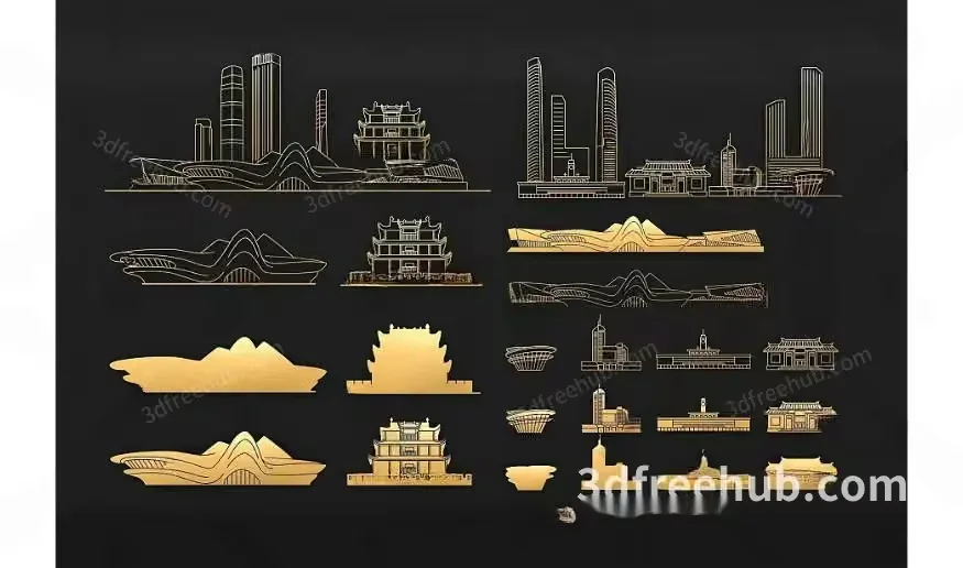 The Image Features A Collection Of 3D Buildings In Gold Showcasing Various 3D Model – 21296 – VRAY Render