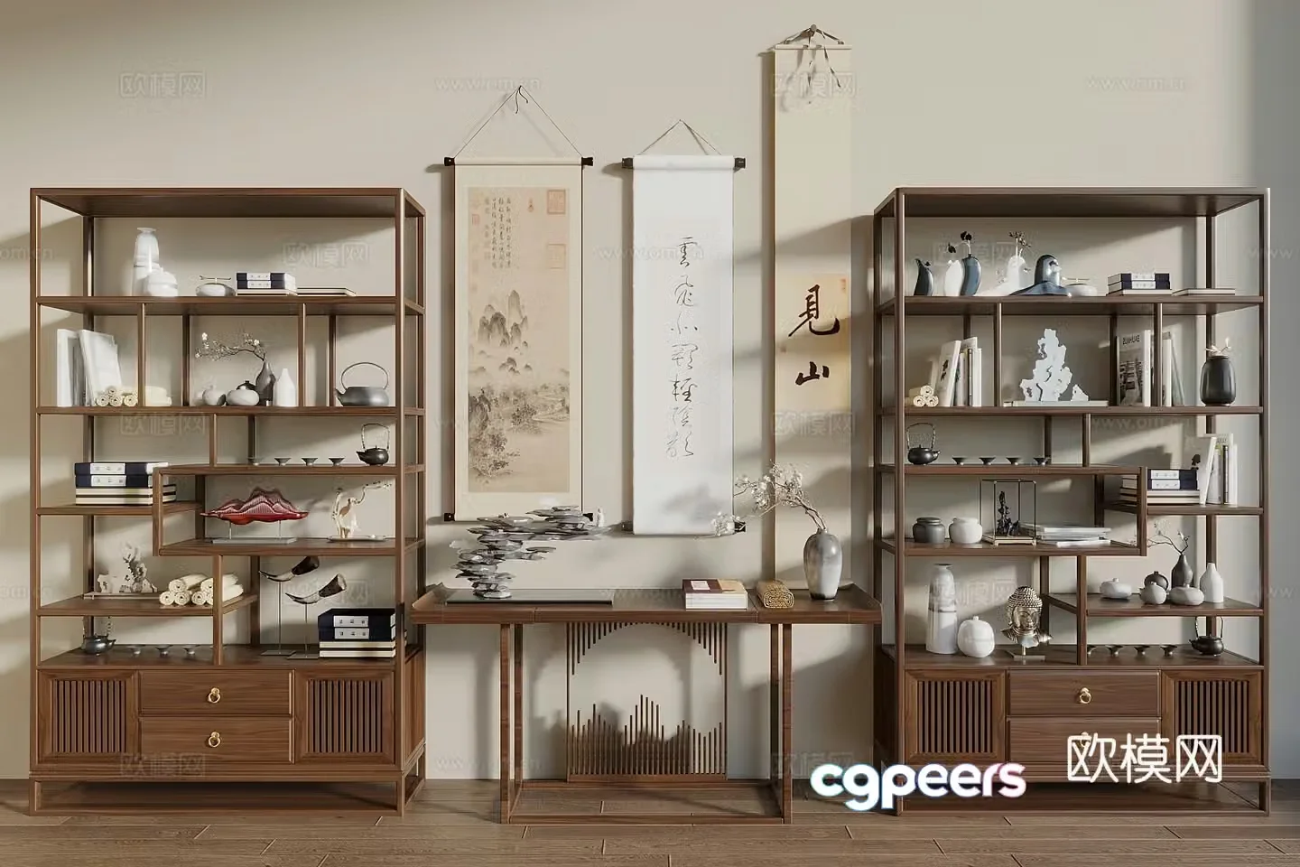 Song style new stroke ancient shelf bookshelf hanging paintings entrance cabinet end viewing table display cabinet display cabinet 3d model