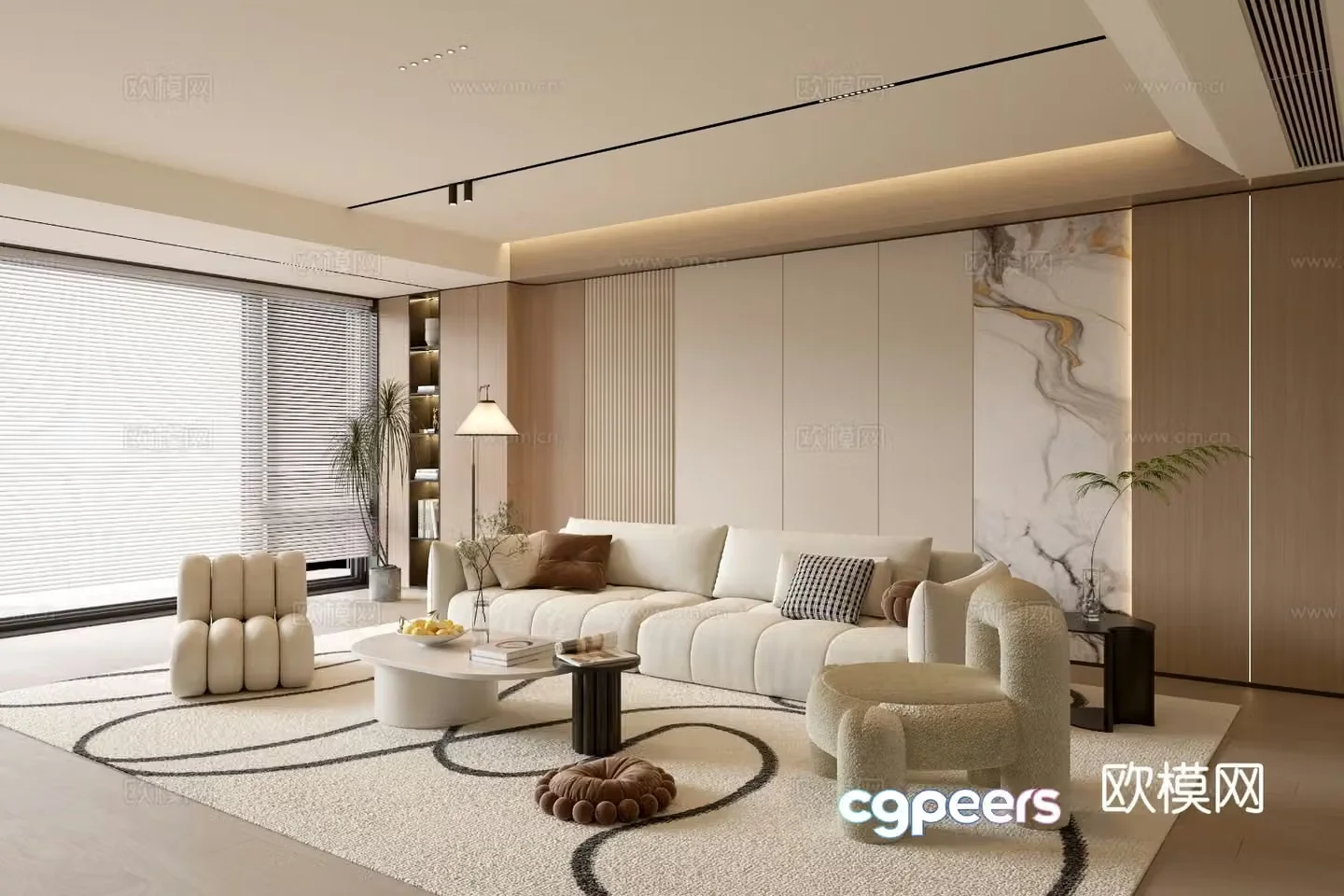 Creamy style simple living room balcony cabinet sofa combination coffee table sofa background wall 3d model