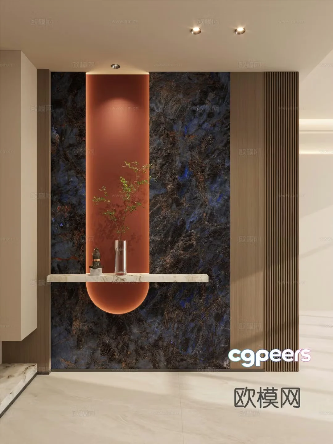 Italian style light luxury style luxury stone Hermes orange arc shape grille door partition entrance 3D model