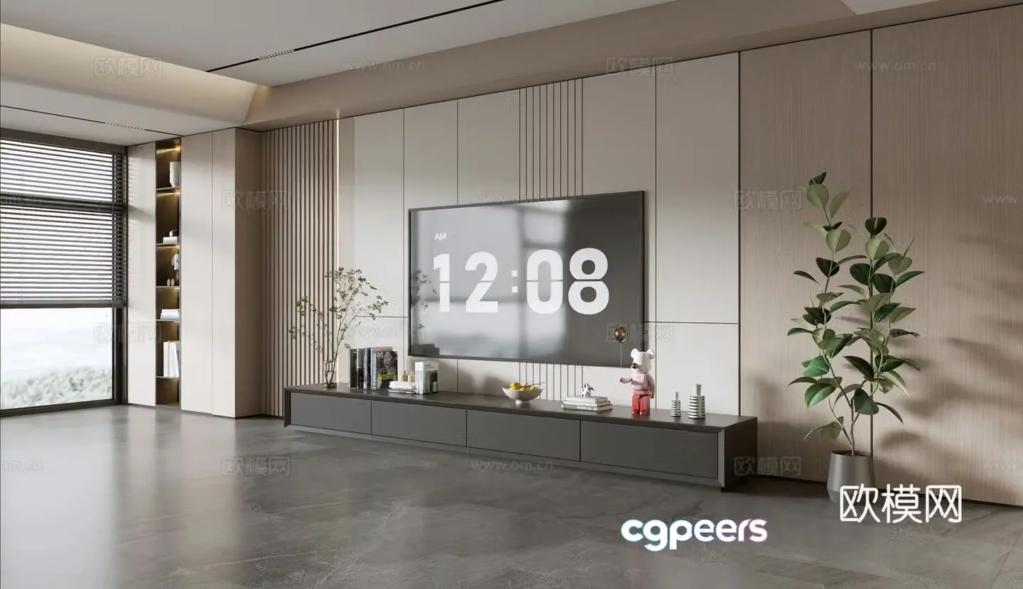 Modern simple living room light luxury TV background wall full wall TV cabinet wooden veneer background wall 3d model