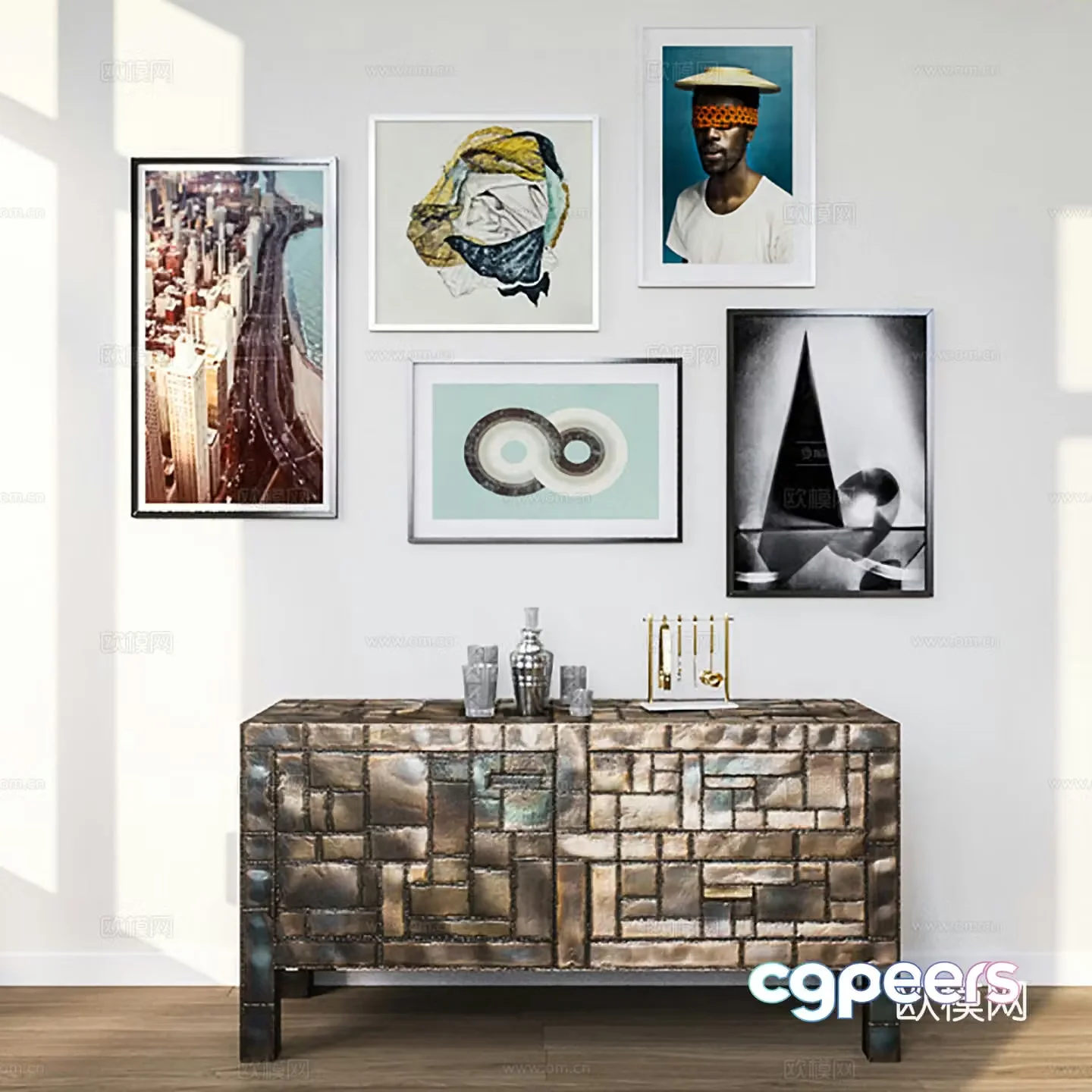 Nordic side cabinet decorative cabinet porch cabinet hanging painting combination 3D model