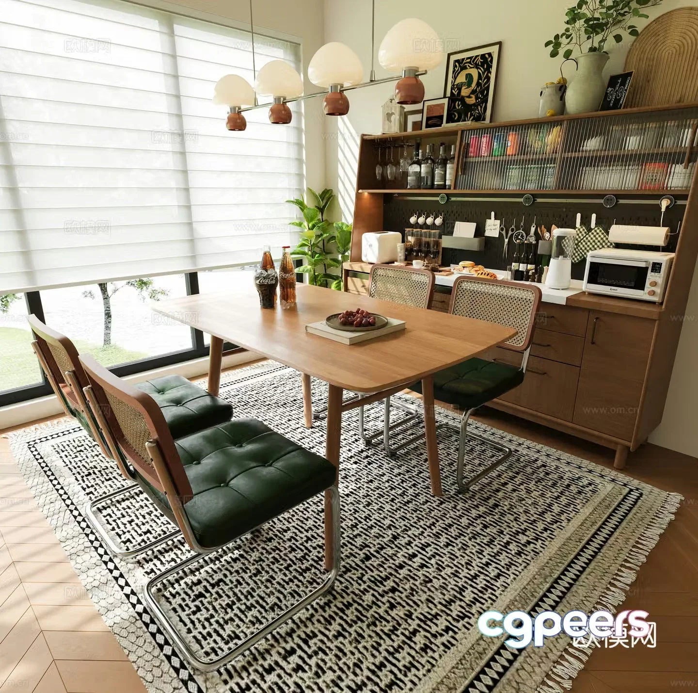 Middle-aged home decoration restaurant Middle-aged dining sideboard Middle-aged dining table and chair combination Middle-aged rattan chair 3D model