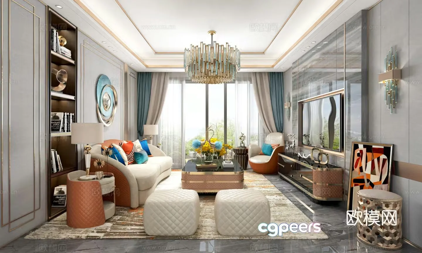Postmodern light luxury European living room sofa leisure chair coffee table corner table chandeliers wall lamp 3d model