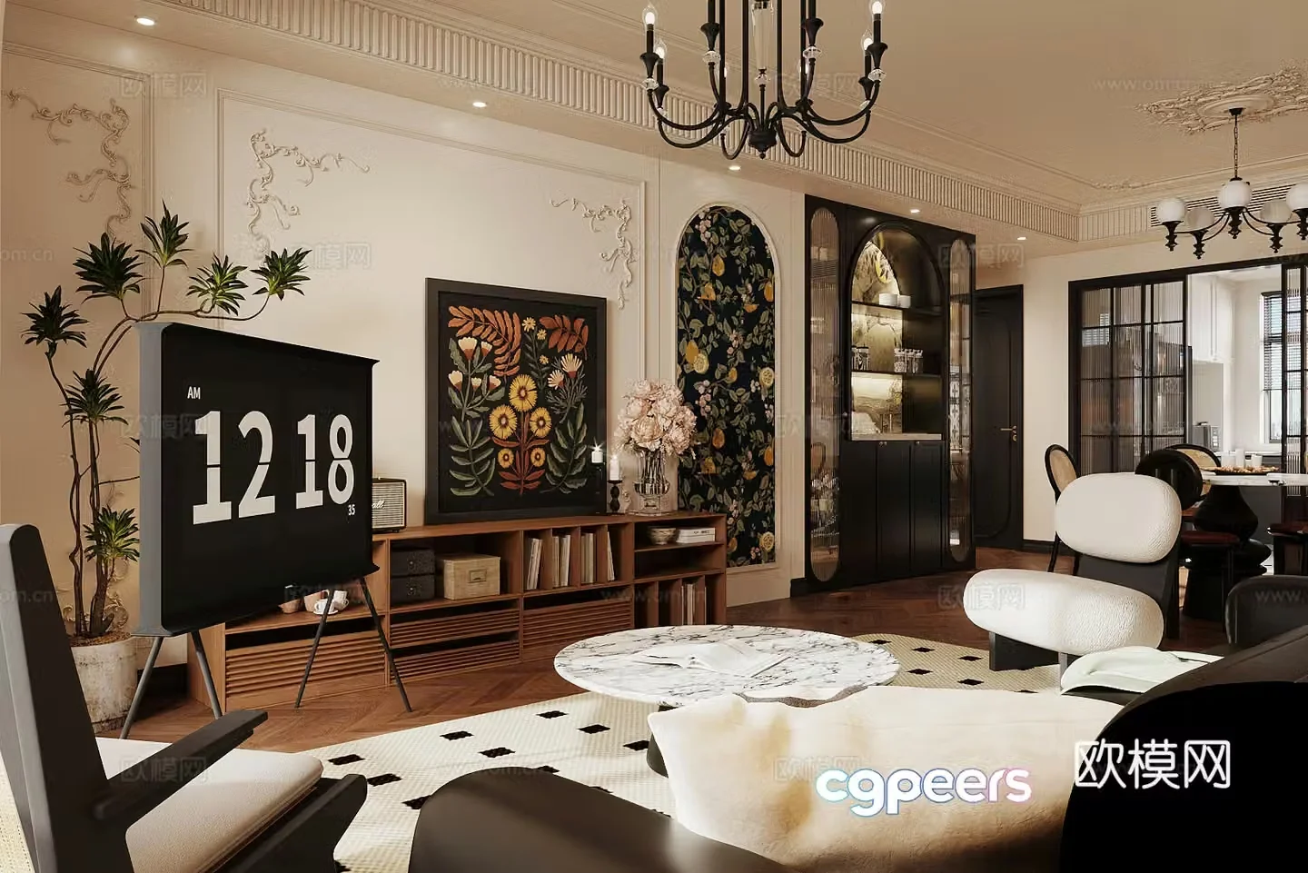 Middle style living room large flat floor living room sofa and coffee table combination middle style dining table and chair 3D model