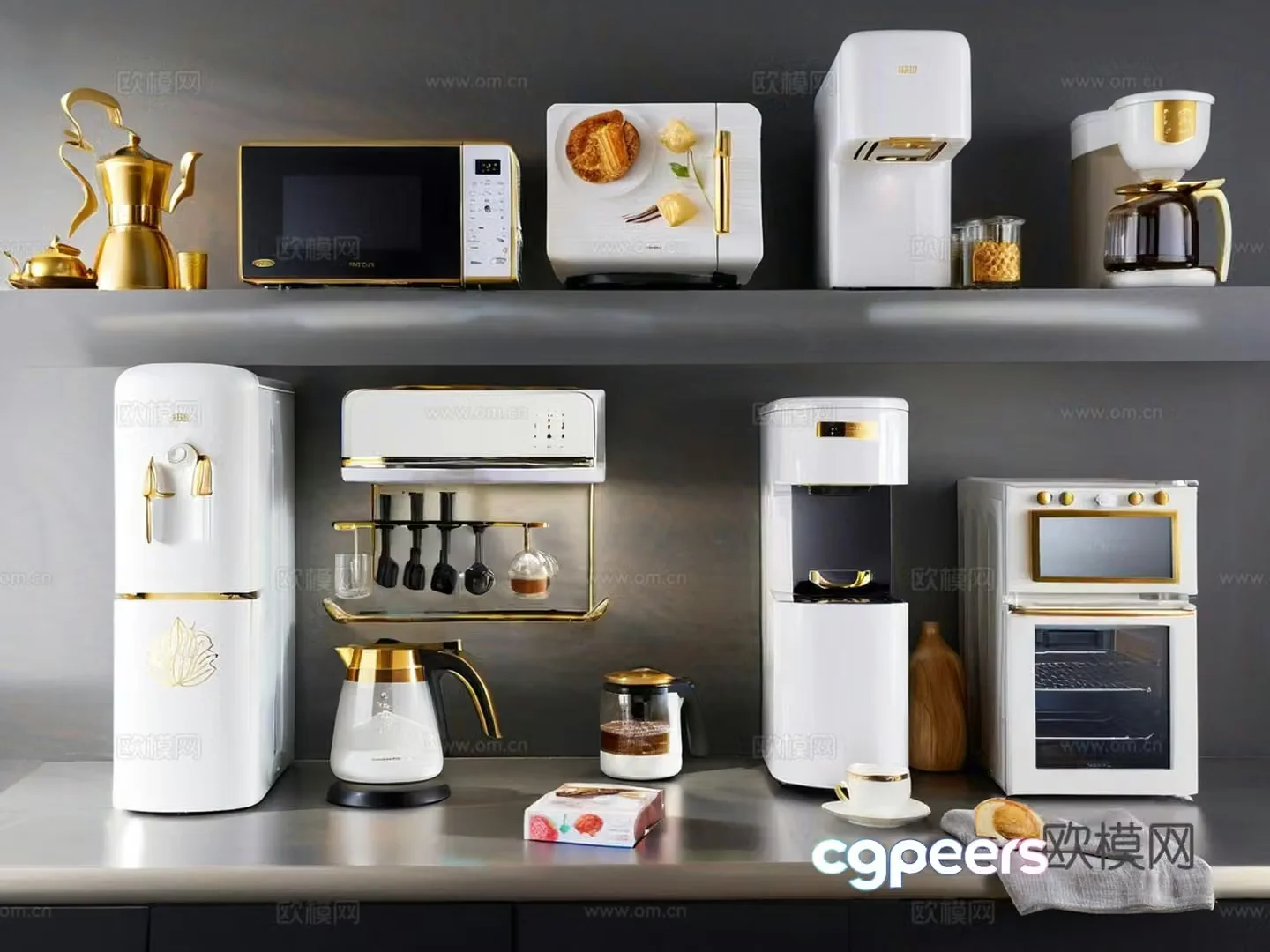 Kitchen supplies Kitchen appliances Coffee machine Water dispenser Microwave oven Electric cooker Bread 3D model