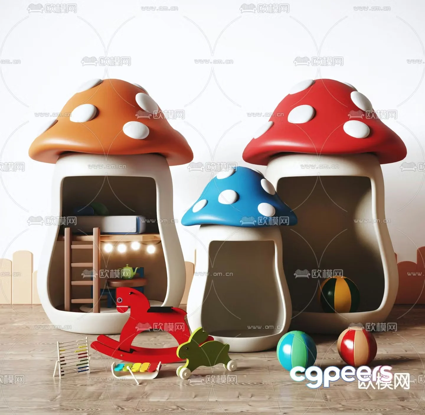 Mushroom house children’s toys wooden horse ball 3d model