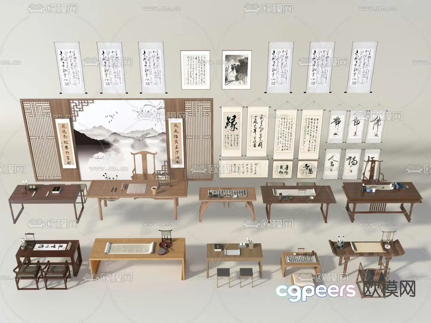 Chinese desk calligraphy table and chairs scroll painting calligraphy and painting 3D model