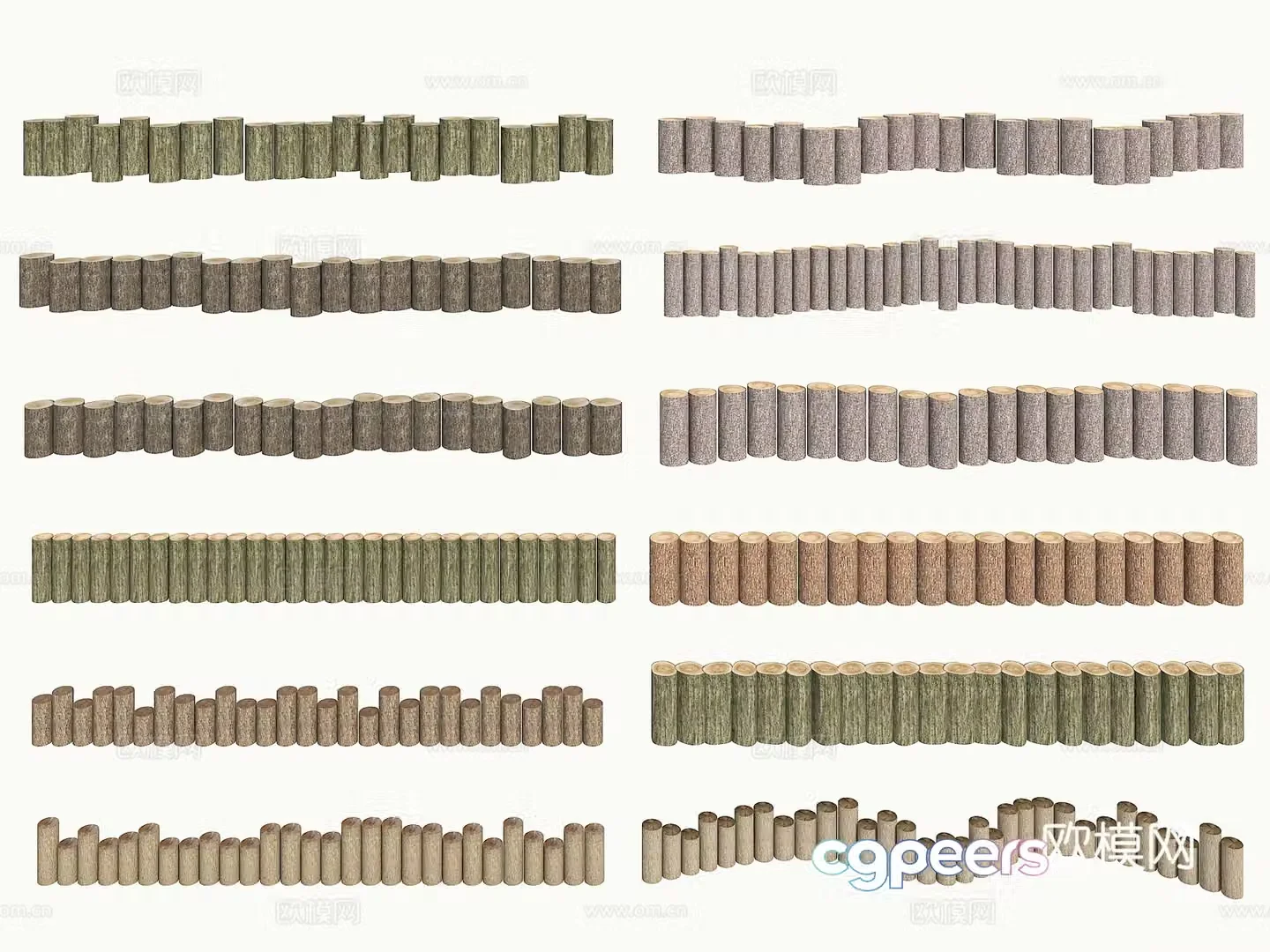 Chinese wooden stakes stump grilles stump fence stump retaining wall stump embankment 3D model