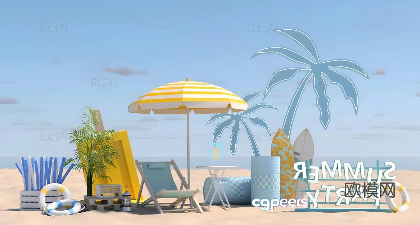 Modern summer beach beauty coconut tree parasol 3d model