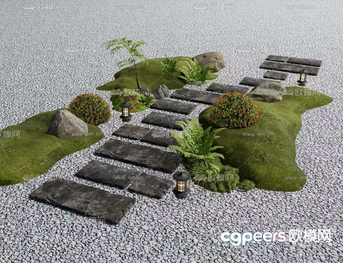 Modern Tingstep Landscape Tingstep Green Plant Pile Stone 3D Model
