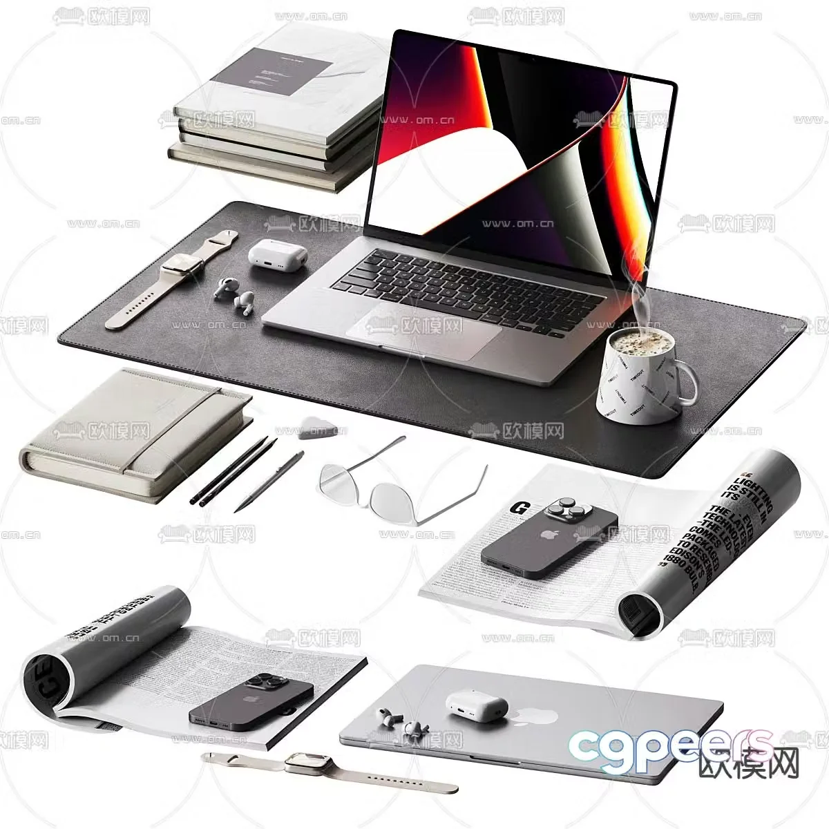 office supplies laptop headphones watch coffee 3d model