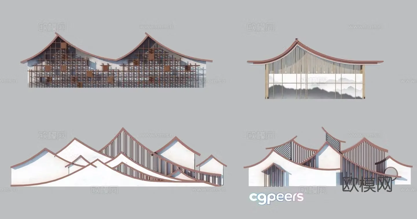 New Chinese style slope roof mountain-shaped landscape wall fence_marked wall 3D model