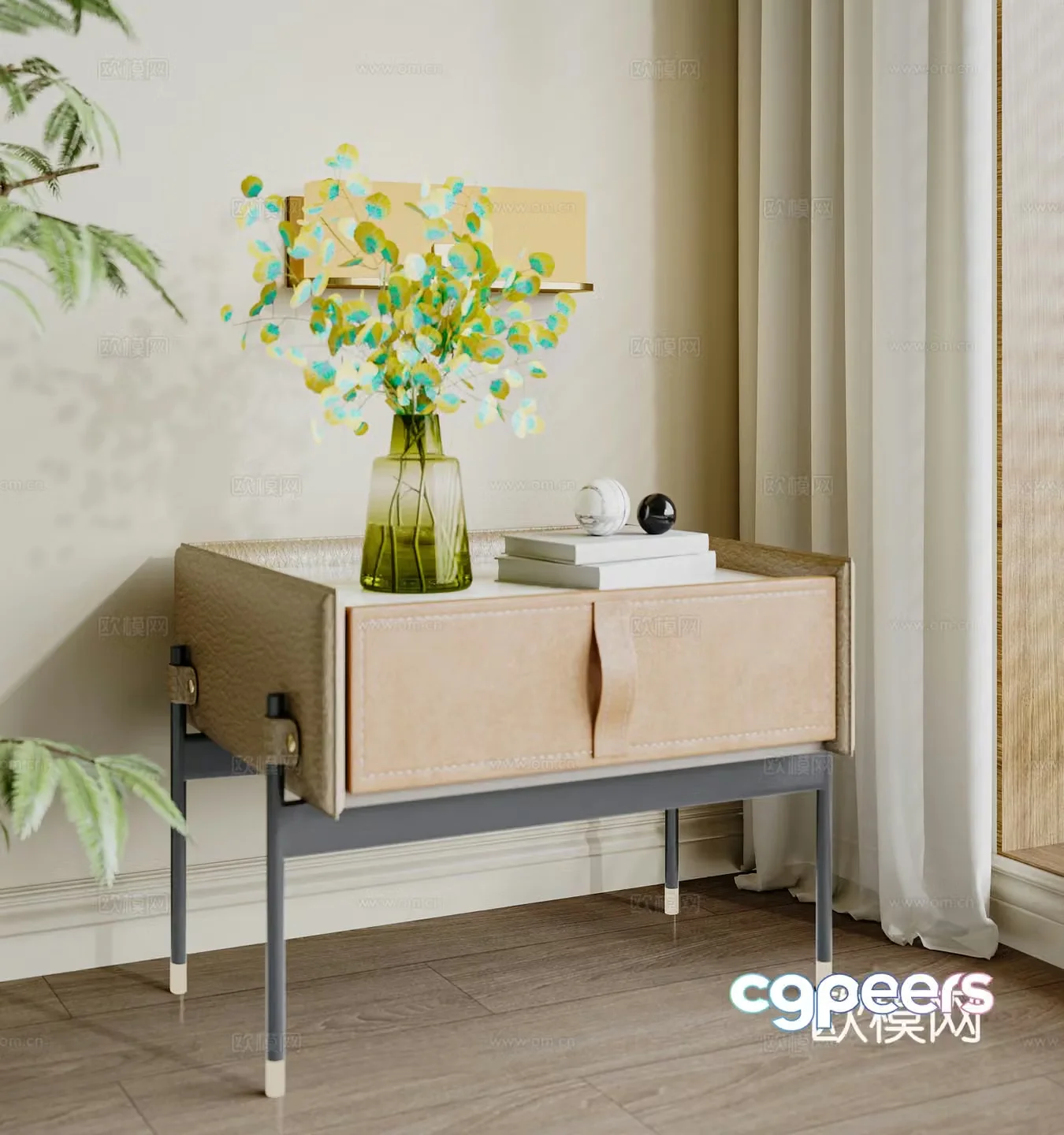 Modern bedside table leather bedside table vase flowers 3d model