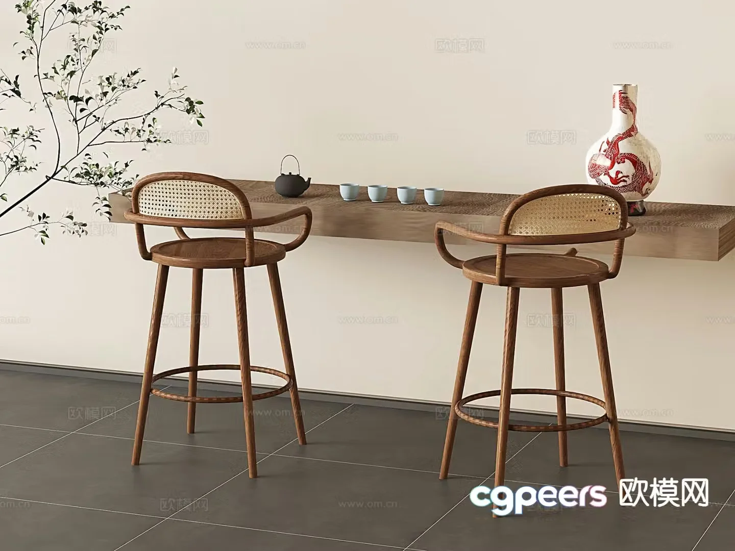 Medieval style rattan tea table and chairs 3D model
