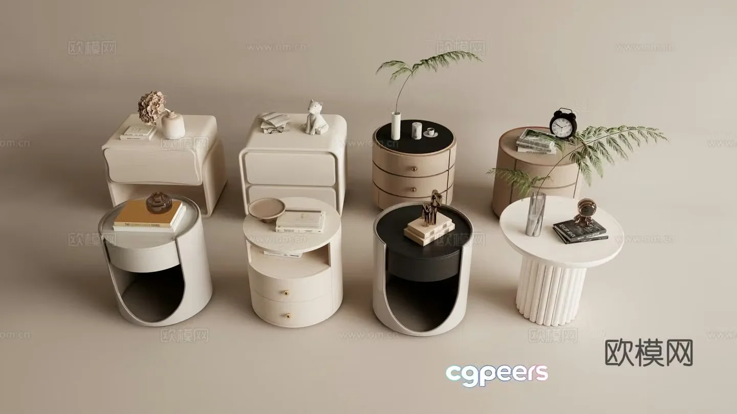 Modern creamy nightstand round bedside table Square nightstand 3D model