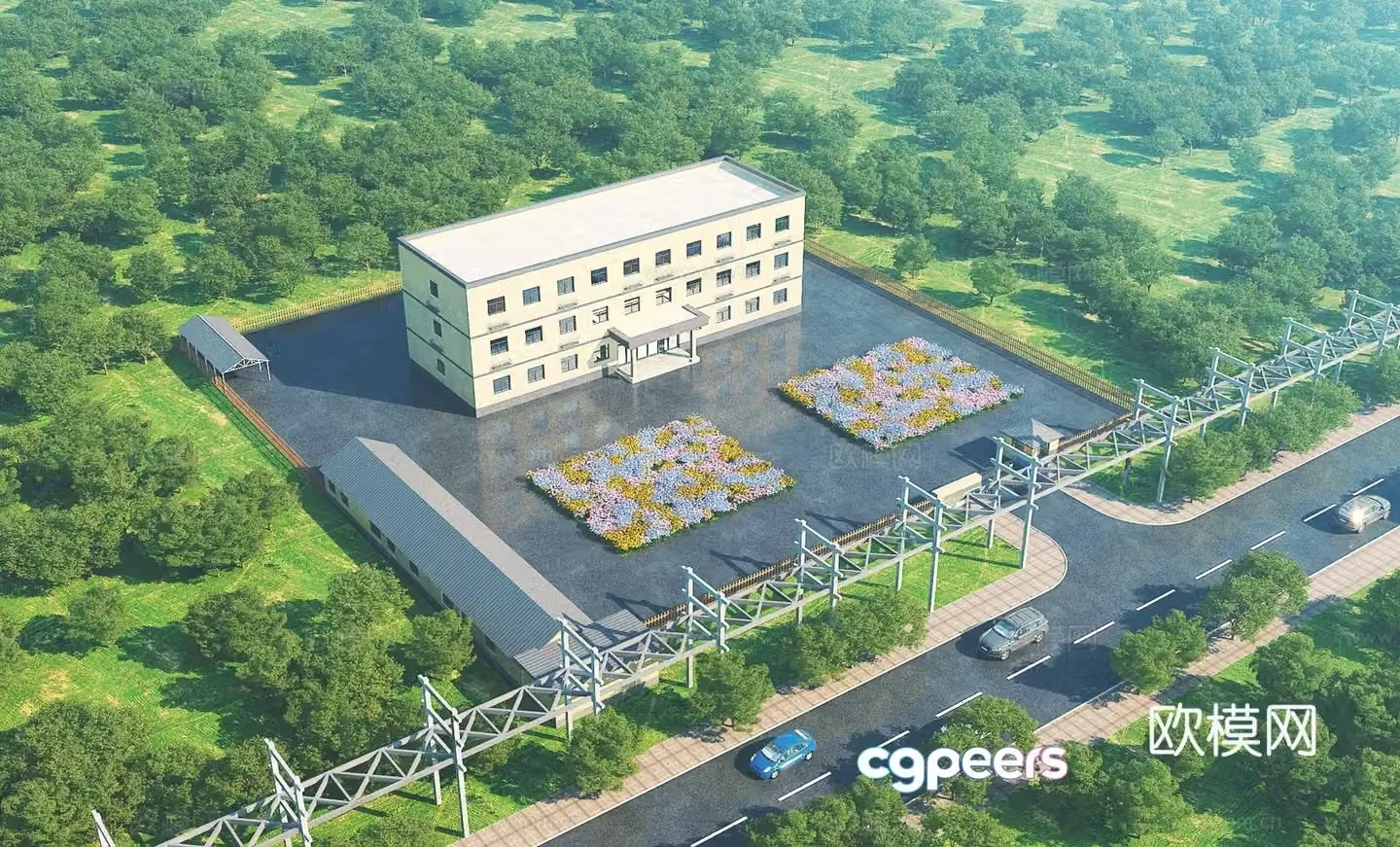 Aerial view 3d model of modern office building architecture