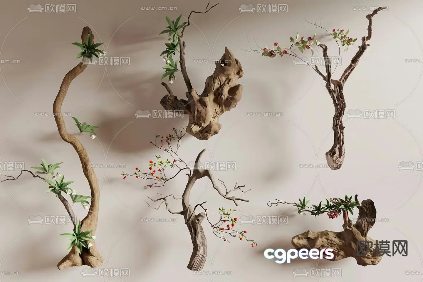 Modern dead wood and green plants landscape sketch 3D model