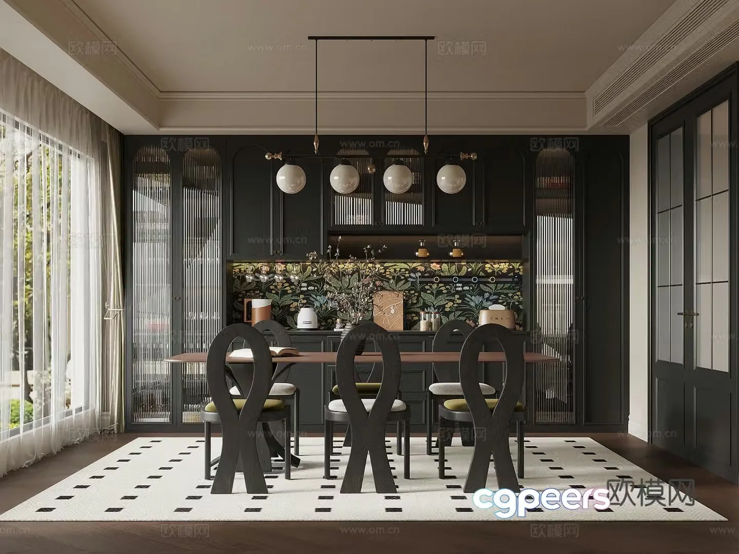 French restaurant wine cabinet dining table and chair 3d model