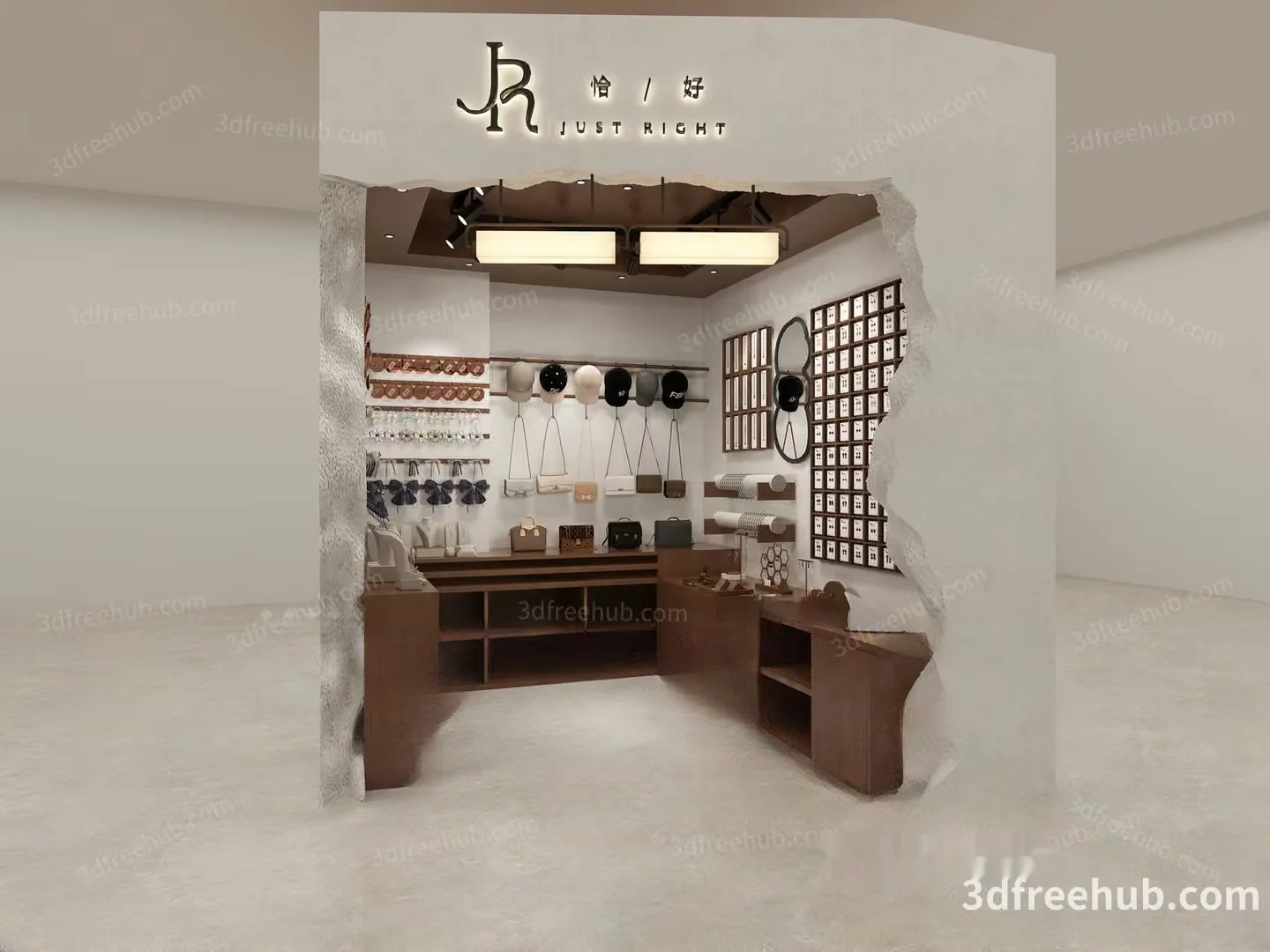 A Store Display With Various Bags 3D Model – 22621 – VRAY Render