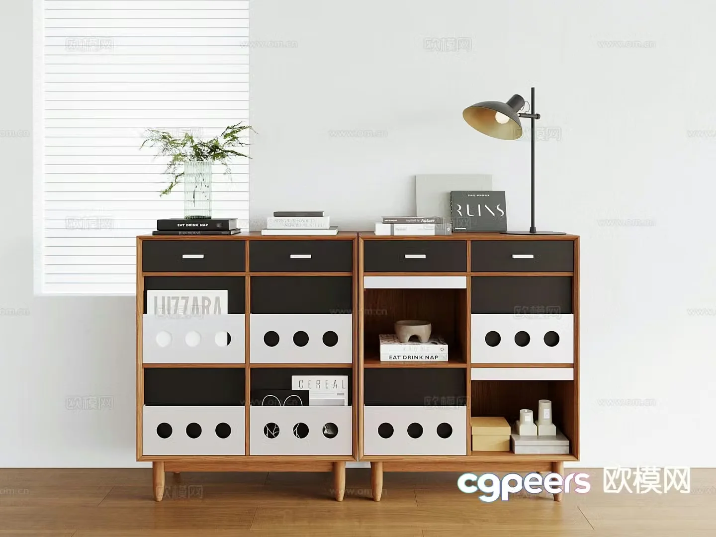 Medieval style Bauhaus four-compartment cabinet bookcase low cabinet 3D model