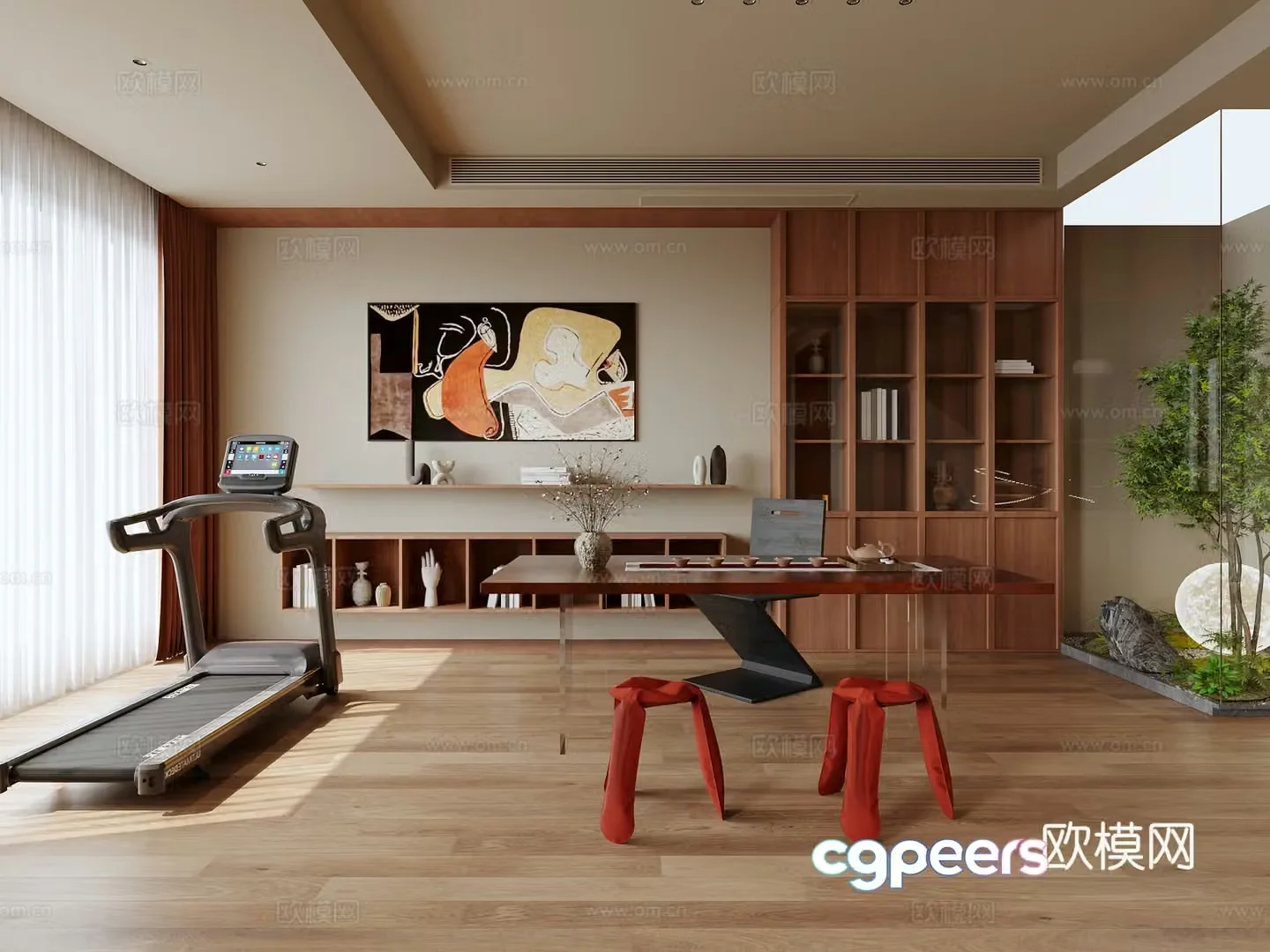 Middle-aged style study room tea room bookcase treadmill hanging picture desk single chair bookcase tea cabinet 3d model