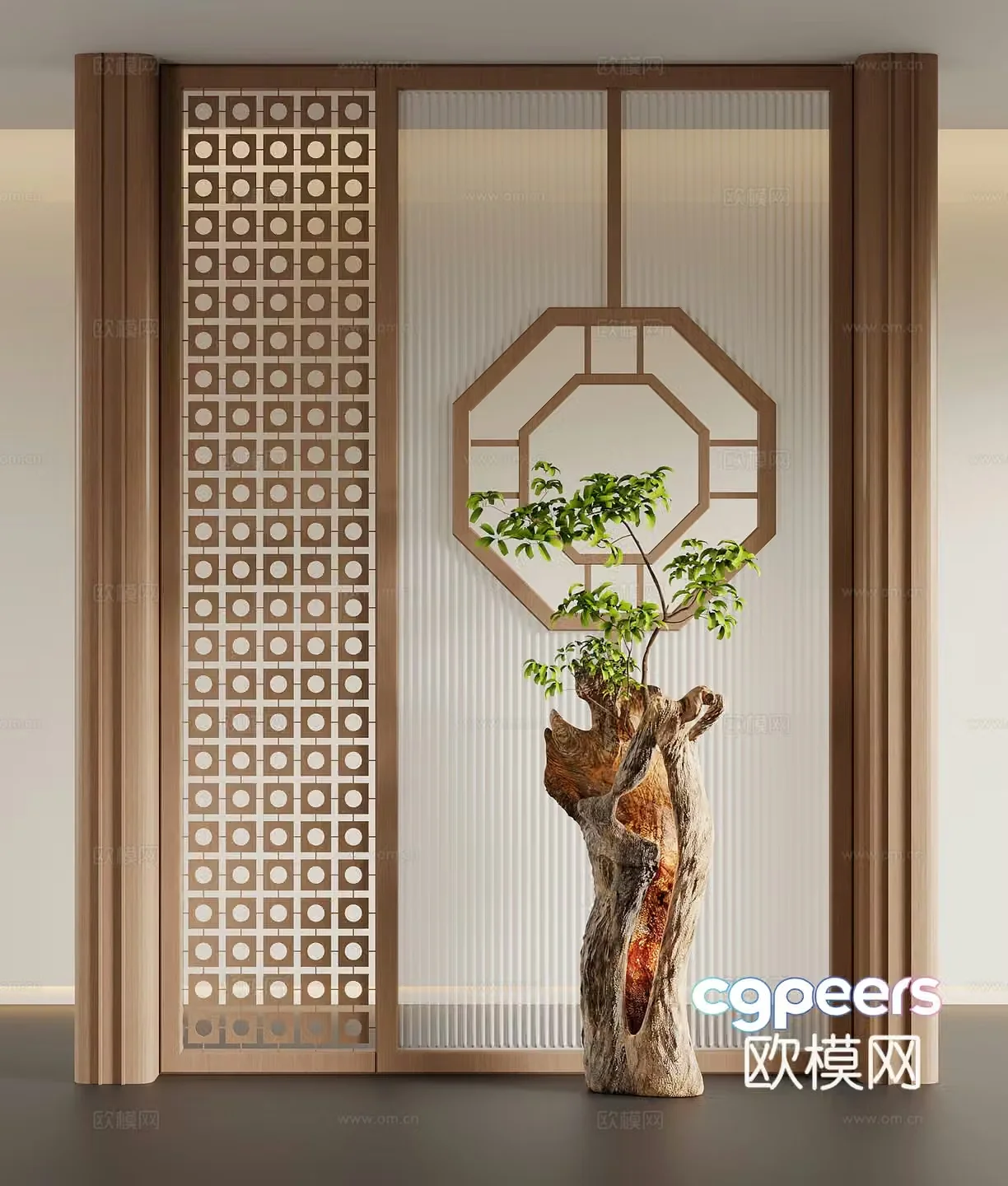 Porch new Chinese style porch partition porch background wall dead wood green plant sculpture 3D model