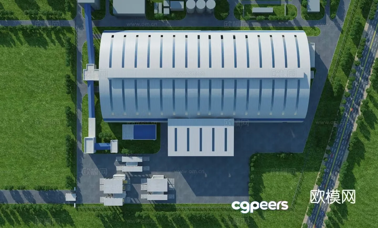 Aerial view 3d model of modern thermal power plant building