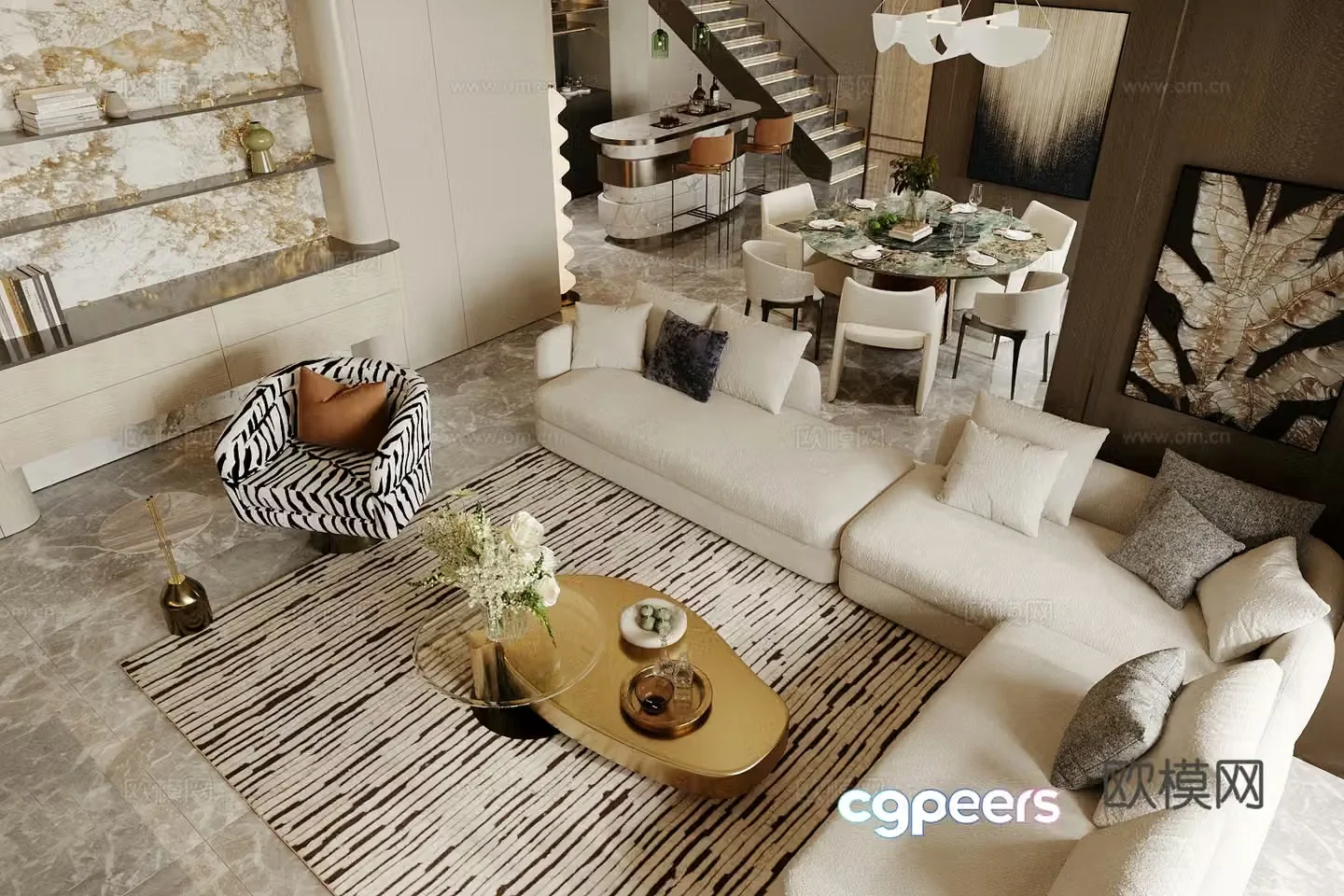 Modern Italian living restaurant light luxury Italian living restaurant sofa coffee table combination horizontal living restaurant 3D model