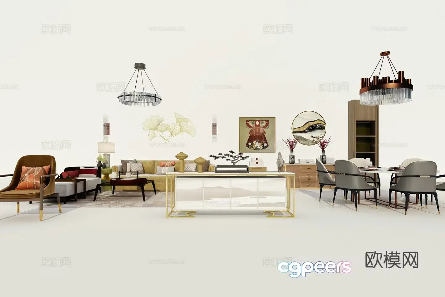 New Chinese style living and dining room chandeliers TV cabinet sofa single chair side wall lamp dining 3d model