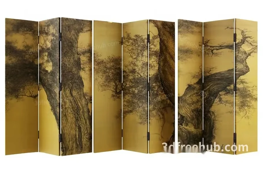 A Large Folding Screen With A Tree Design 3D Model – 19933 – VRAY Render