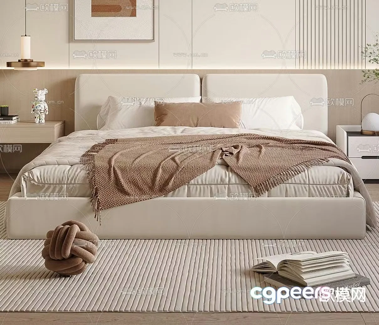 Cream style double bed 3d model