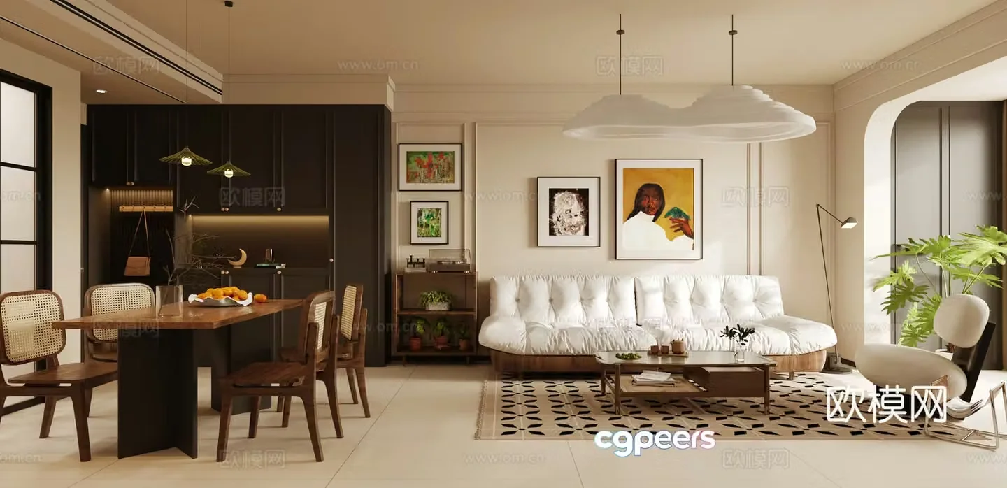 Middle style living restaurant horizontal living restaurant large flat living restaurant sofa and coffee table combination leisure chair 3D model