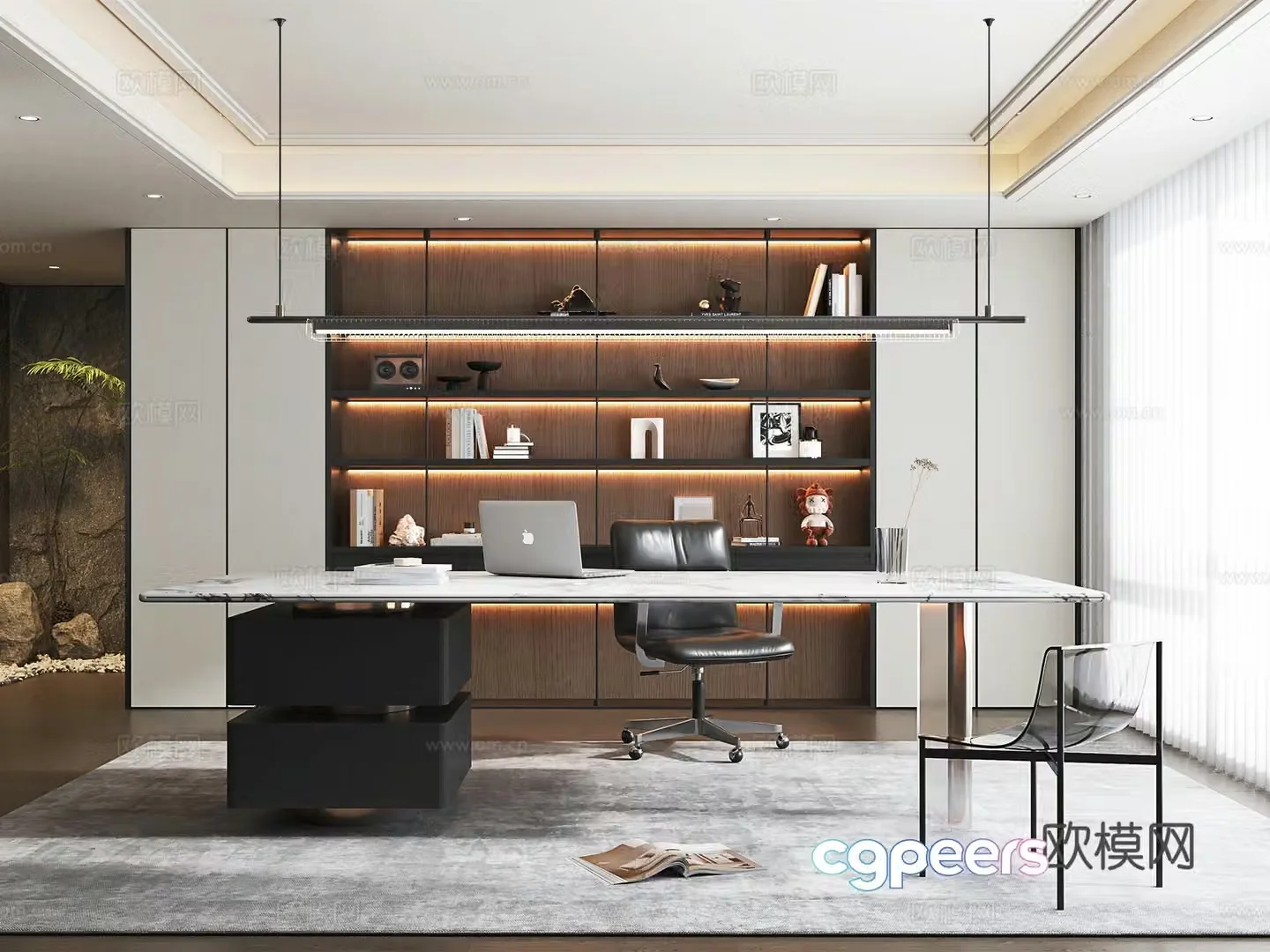 Modern style study bookcase desk computer chair leisure chair book ornament 3d model