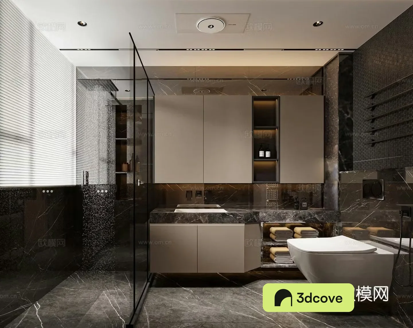 Modern dark bathroom floating toilet rain shower bathroom mirror hanging cabinet