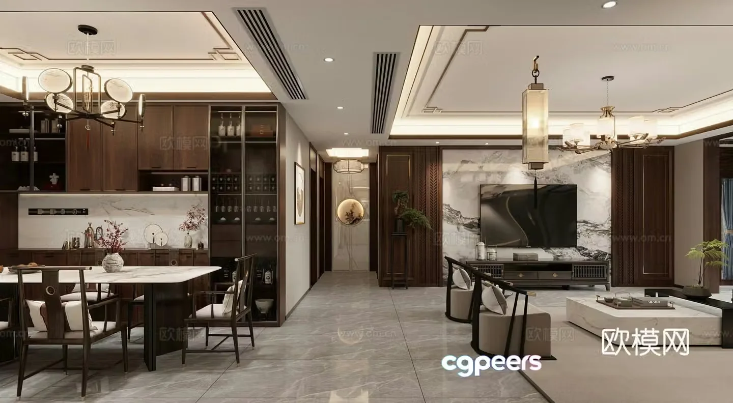New Chinese style living and dining room 3D model
