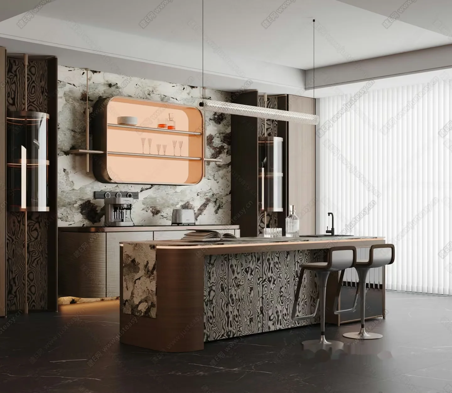 Modern Kitchen With Bar 3D Model – 10004 – VRAY Render